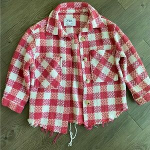 Girls Zara Over Shirt in pink and white plaid with frayed hem